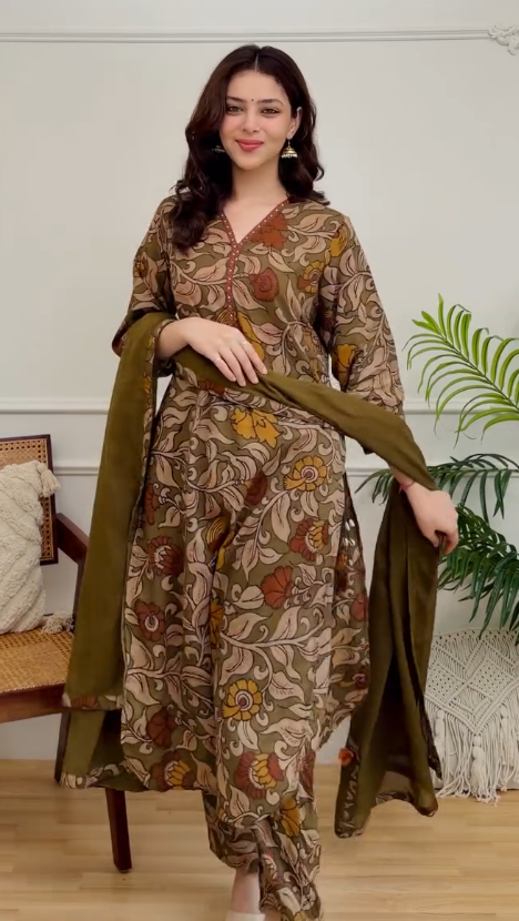 Women's Olive Brown Floral Printed Kurta Pant Set with Dupatta | Elegant Cotton Ethnic Wear