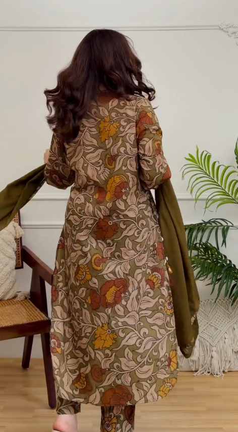 Women's Olive Brown Floral Printed Kurta Pant Set with Dupatta | Elegant Cotton Ethnic Wear
