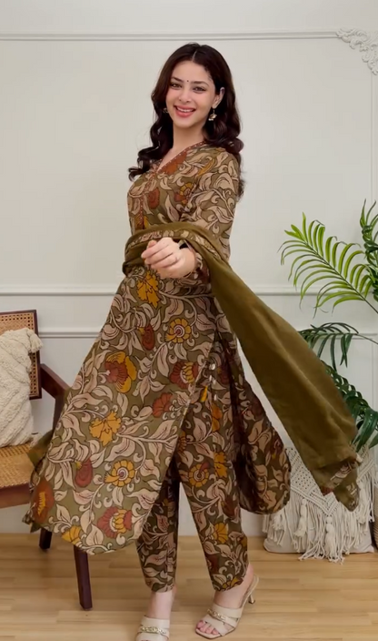 Women's Olive Brown Floral Printed Kurta Pant Set with Dupatta | Elegant Cotton Ethnic Wear