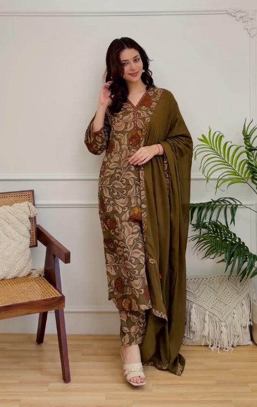 Women's Olive Brown Floral Printed Kurta Pant Set with Dupatta | Elegant Cotton Ethnic Wear