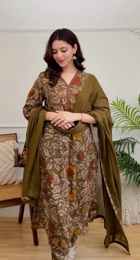 Women's Olive Brown Floral Printed Kurta Pant Set with Dupatta | Elegant Cotton Ethnic Wear