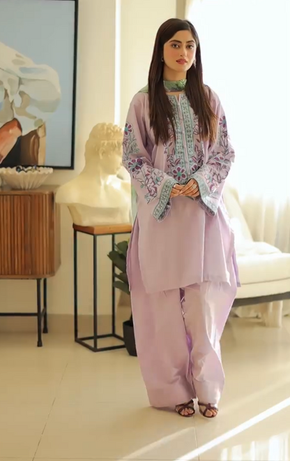 Women's Lavender Embroidered Kurta Palazzo Set with Dupatta