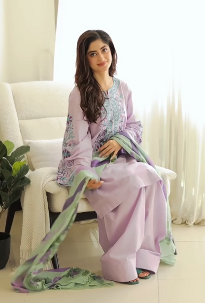 Women's Lavender Embroidered Kurta Palazzo Set with Dupatta
