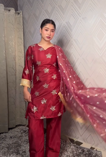 Deep Wine Silk Embroidered Kurti & Salwar Set with Statement Bell Sleeves