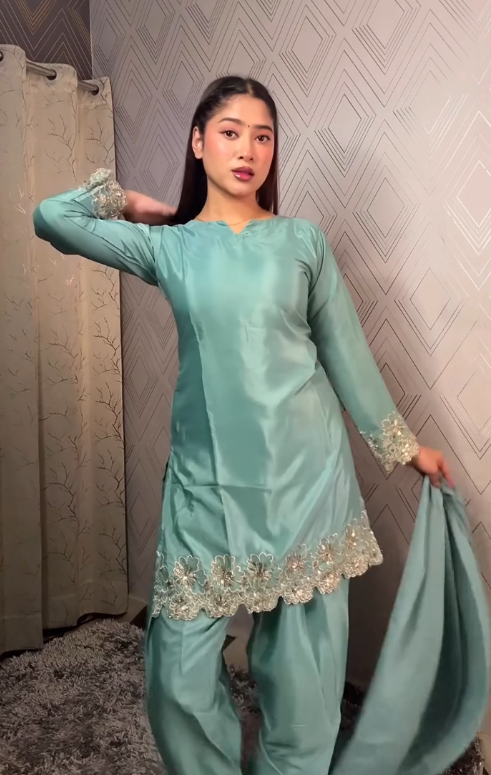 Deep Wine Silk Embroidered Kurti & Salwar Set with Statement Bell Sleeves