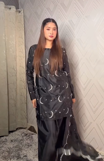 Deep Wine Silk Embroidered Kurti & Salwar Set with Statement Bell Sleeves