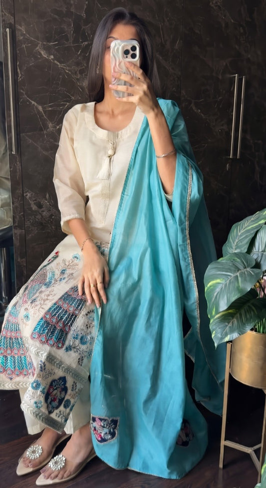 Ivory & Turquoise Peacock Embroidered Suit Set