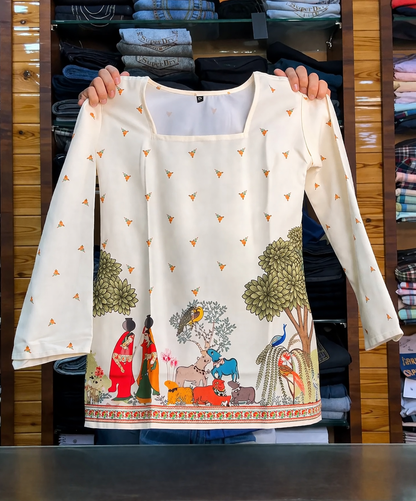 Elegant Folk Art Printed Long Sleeve Kurti