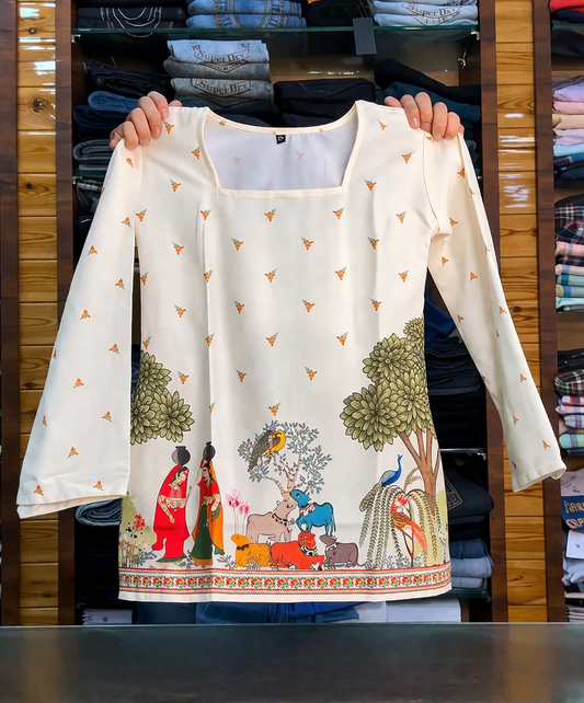 Elegant Folk Art Printed Long Sleeve Kurti