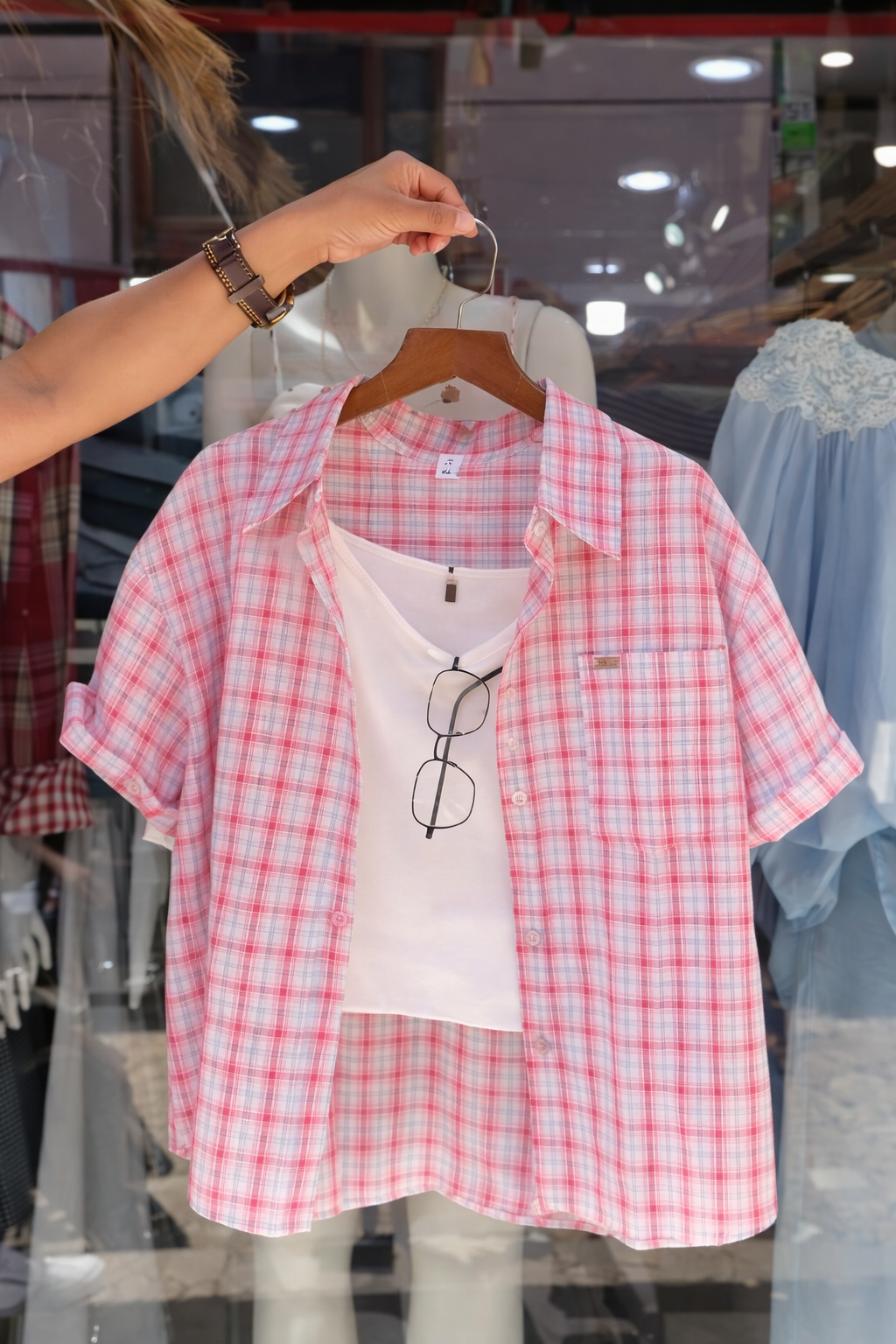 Chic Pink Checkered Layered Co-Ord Shirt Set