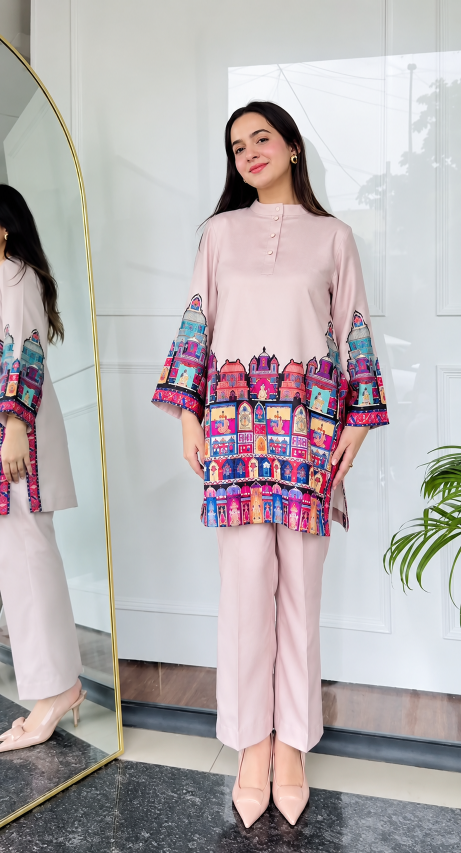 Elegant Beige Printed Co-Ord Set for Women | Premium Tunic & Straight Pants Set