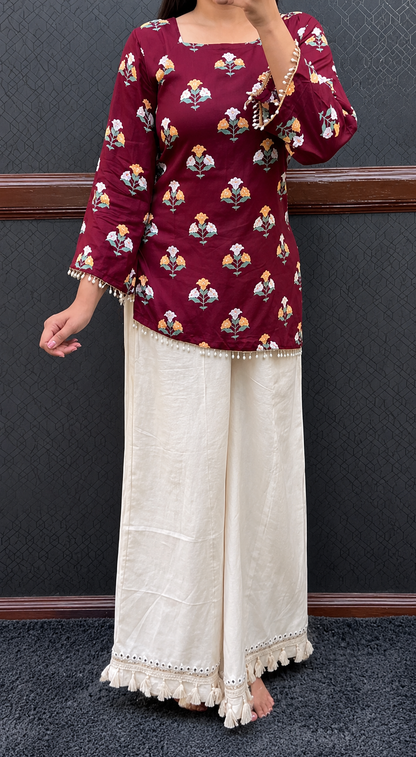 Maroon Floral Printed Kurti with White Tassel Palazzo Set for Women