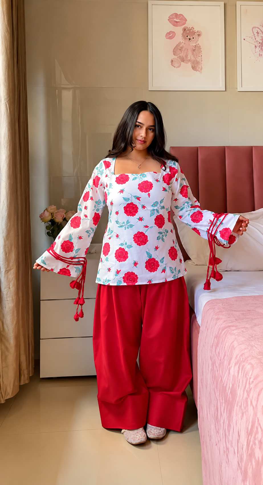 Floral Bloom Co-Ord Set for Women | White Printed Tunic with Red Palazzo Pants