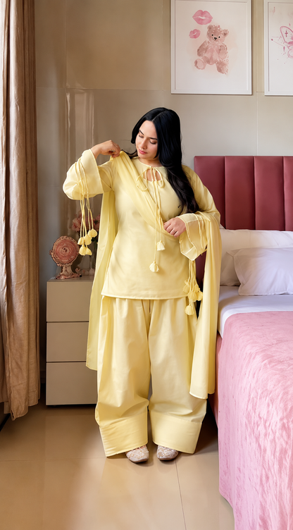 Butter Yellow Tassel Co-Ord Set for Women | Elegant Kurti, Palazzo & Dupatta Set