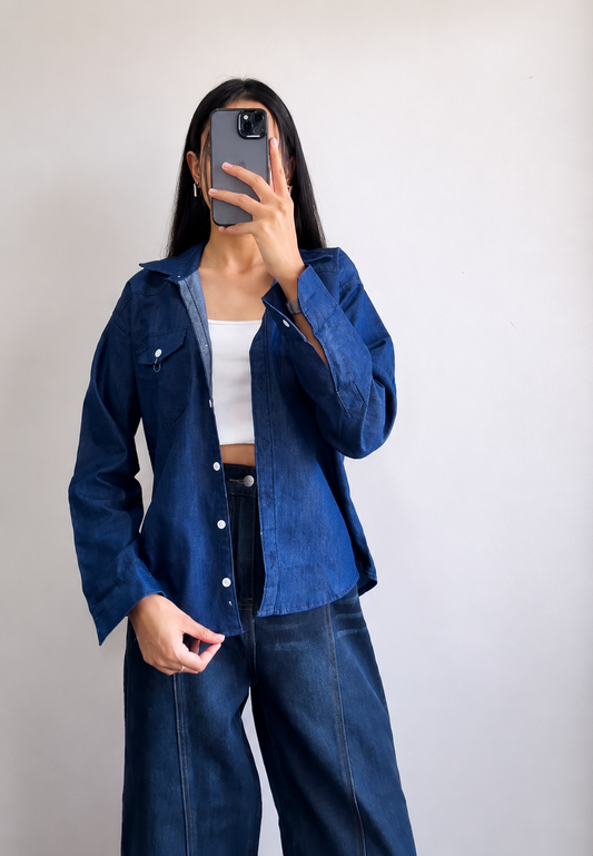 Denim-on-Denim Casual Shirt & Wide-Leg Pant Set