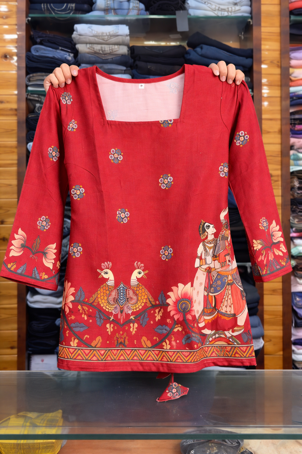 Elegant Folk Art Printed Long Sleeve Kurti