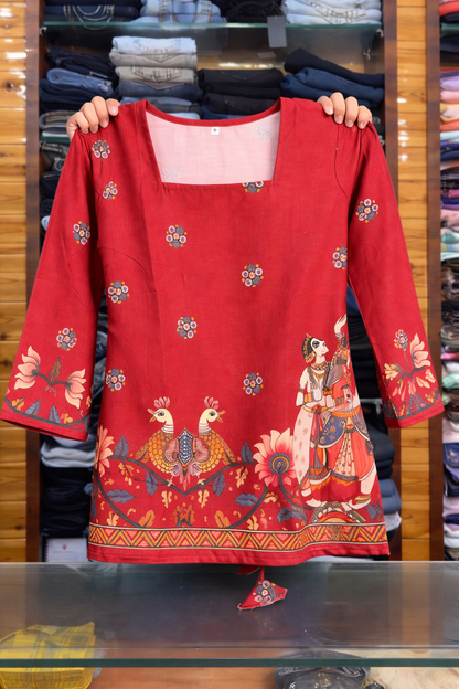 Elegant Folk Art Printed Long Sleeve Kurti