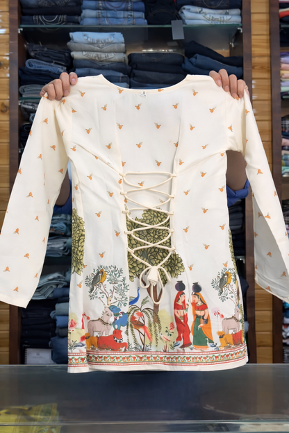 Elegant Folk Art Printed Long Sleeve Kurti