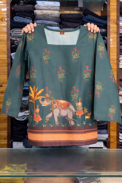 Elegant Folk Art Printed Long Sleeve Kurti