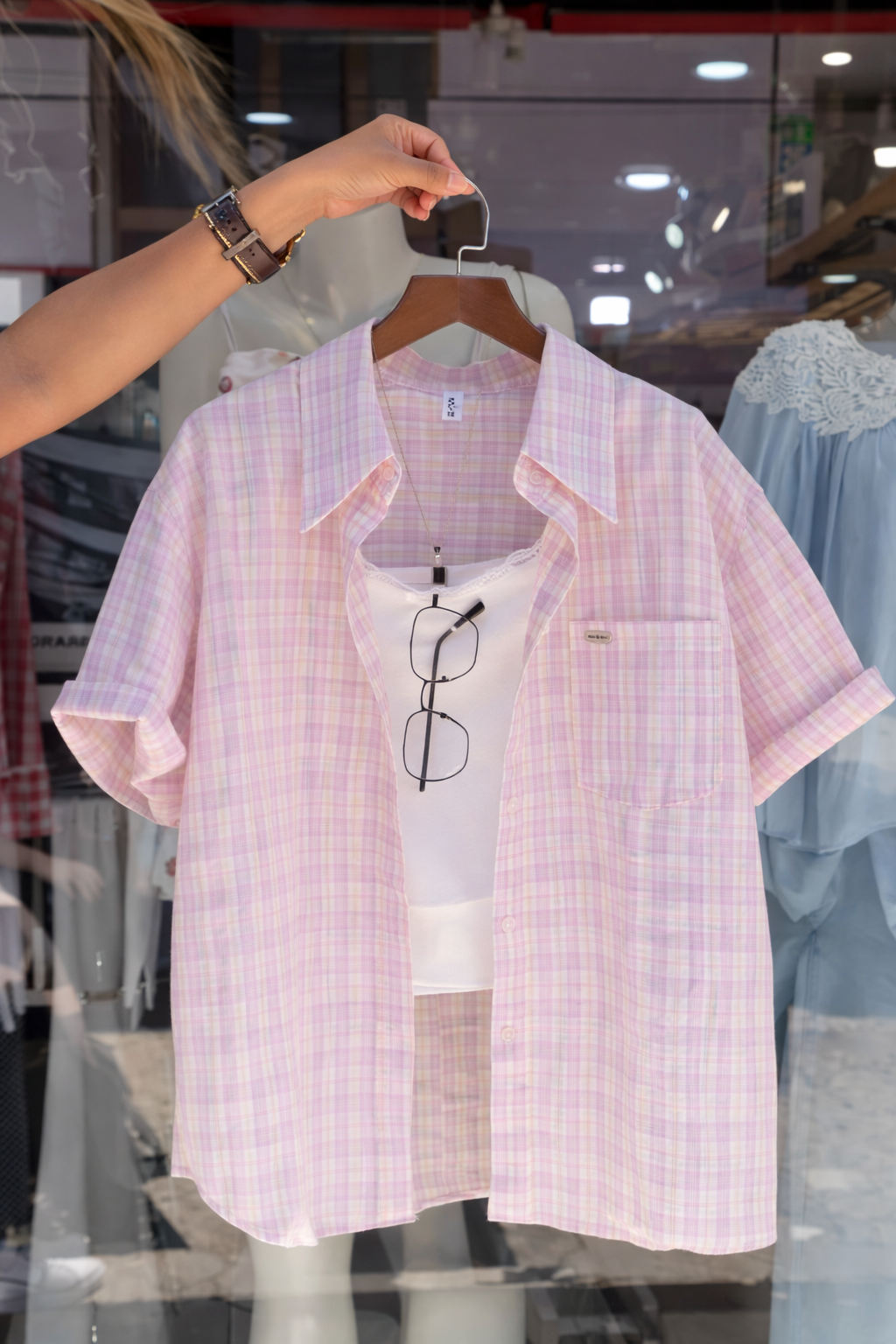Chic Pink Checkered Layered Co-Ord Shirt Set