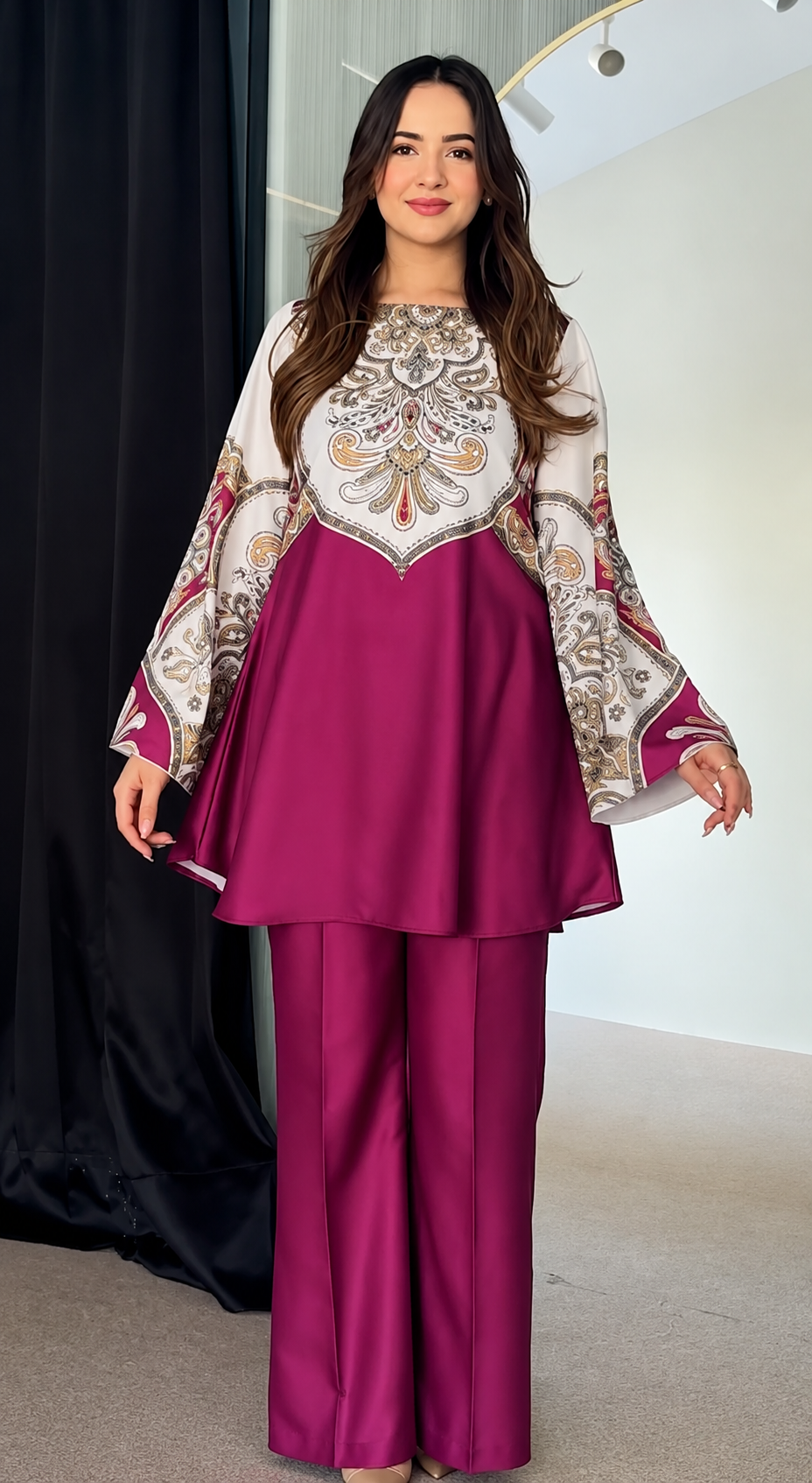 Elegant Beige Printed Co-Ord Set for Women | Premium Tunic & Straight Pants Set