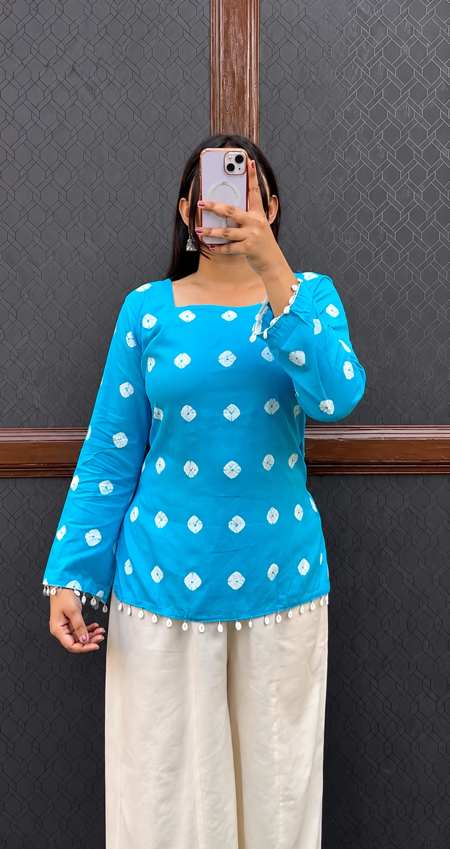 Maroon Floral Printed Kurti with White Tassel Palazzo Set for Women