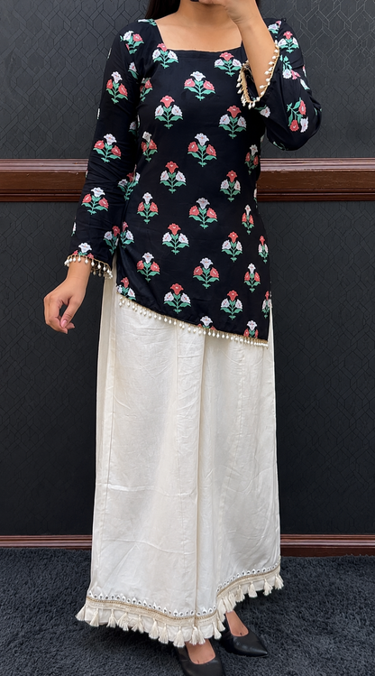 Maroon Floral Printed Kurti with White Tassel Palazzo Set for Women