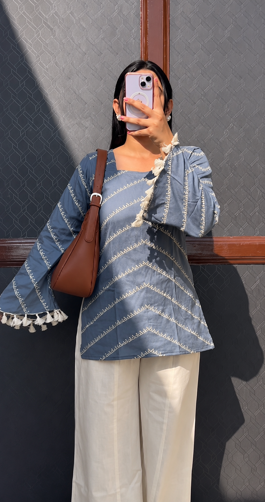 Maroon Floral Printed Kurti with White Tassel Palazzo Set for Women