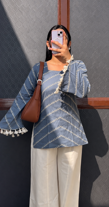 Maroon Floral Printed Kurti with White Tassel Palazzo Set for Women