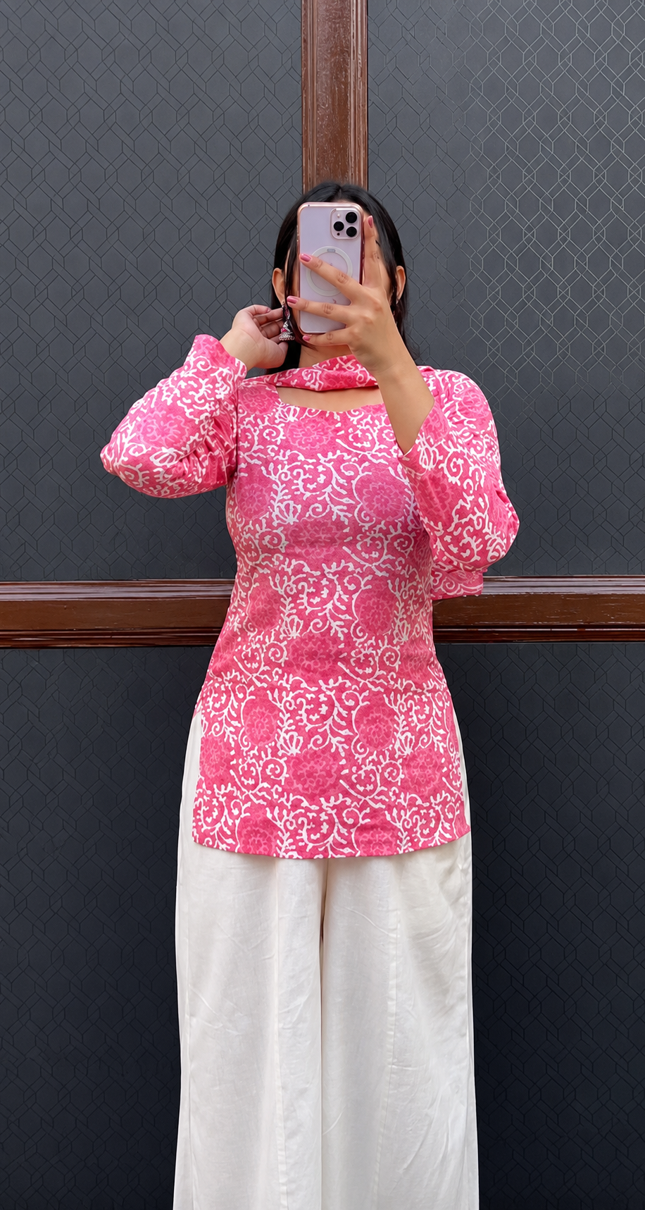 Maroon Floral Printed Kurti with White Tassel Palazzo Set for Women