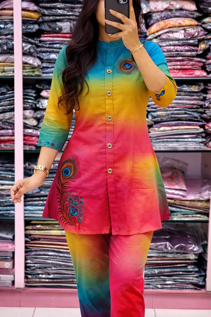 Olive Peacock Print Kurti Pant Co-Ord Set