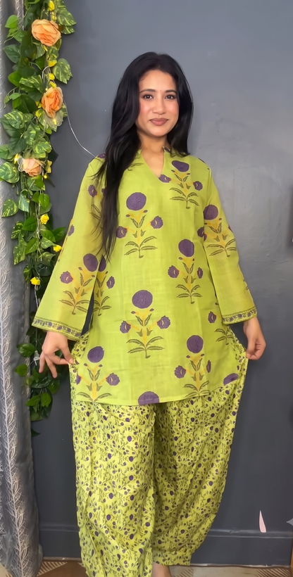 Vibrant Yellow Floral Print Short Kurti & Ikat Printed Pants Set