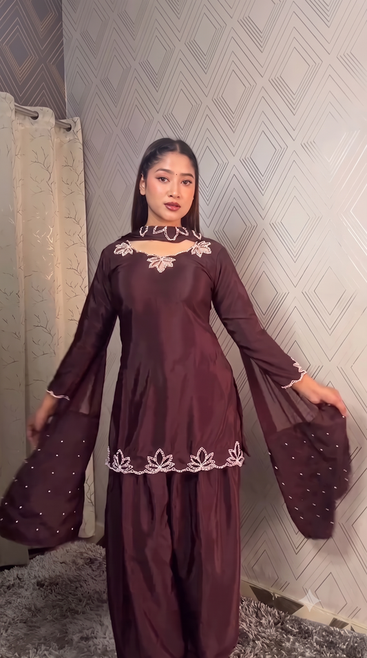 Deep Wine Silk Embroidered Kurti & Salwar Set with Statement Bell Sleeves
