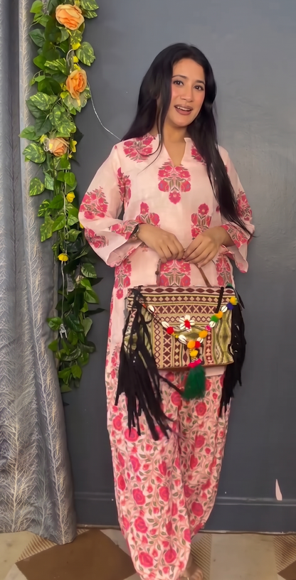 Vibrant Yellow Floral Print Short Kurti & Ikat Printed Pants Set