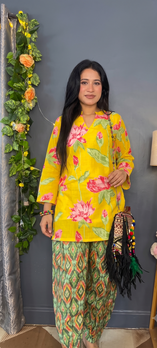 Vibrant Yellow Floral Print Short Kurti & Ikat Printed Pants Set