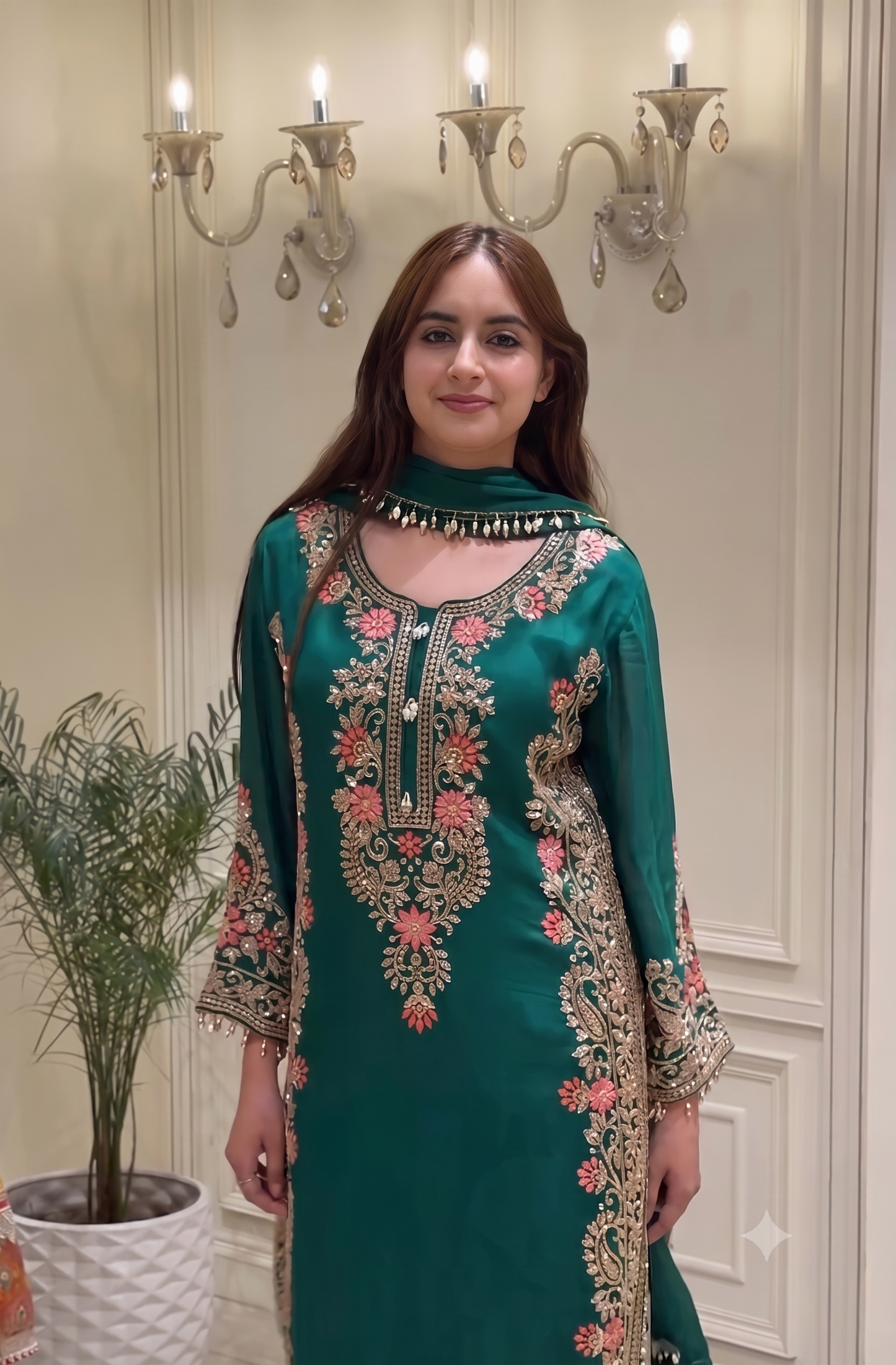 Graceful Emerald Silk Suit with Intricate Floral Embroidery & Dupatta