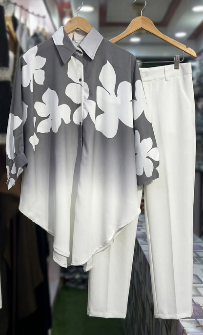 Elegant Ombre Floral Shirt & White Pant Co-Ord Set | Trendy Casual & Party Wear Outfit