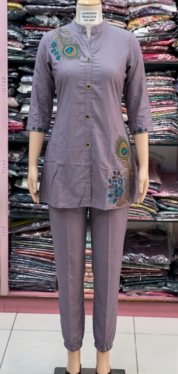 Olive Peacock Print Kurti Pant Co-Ord Set