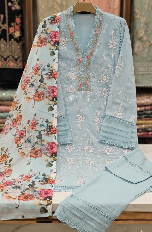 Elegant Sky Blue Embroidered Kurta Set with Floral Dupatta | Luxury Ethnic Wear for Women