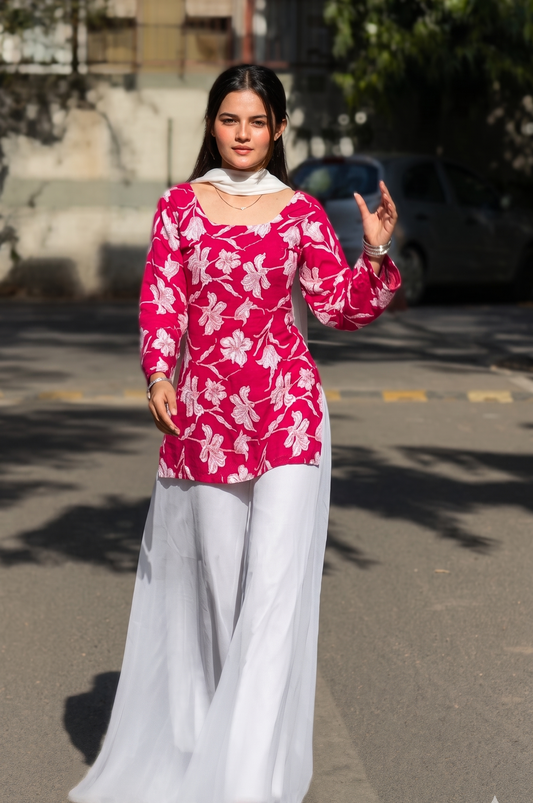 Elegant Floral Tunic with Beige Flared Palazzo