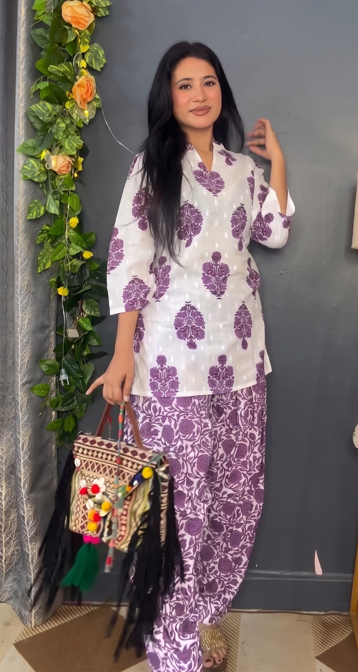 Vibrant Yellow Floral Print Short Kurti & Ikat Printed Pants Set