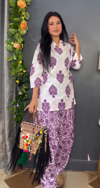 Vibrant Yellow Floral Print Short Kurti & Ikat Printed Pants Set