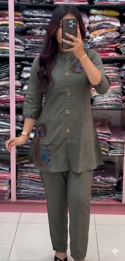 Olive Peacock Print Kurti Pant Co-Ord Set