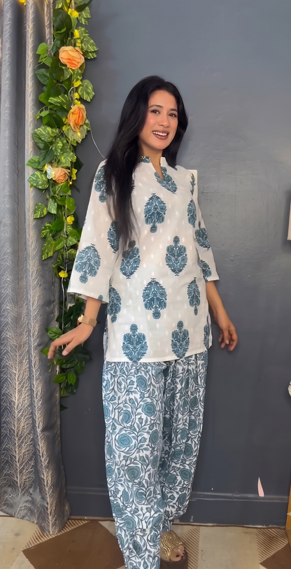 Vibrant Yellow Floral Print Short Kurti & Ikat Printed Pants Set