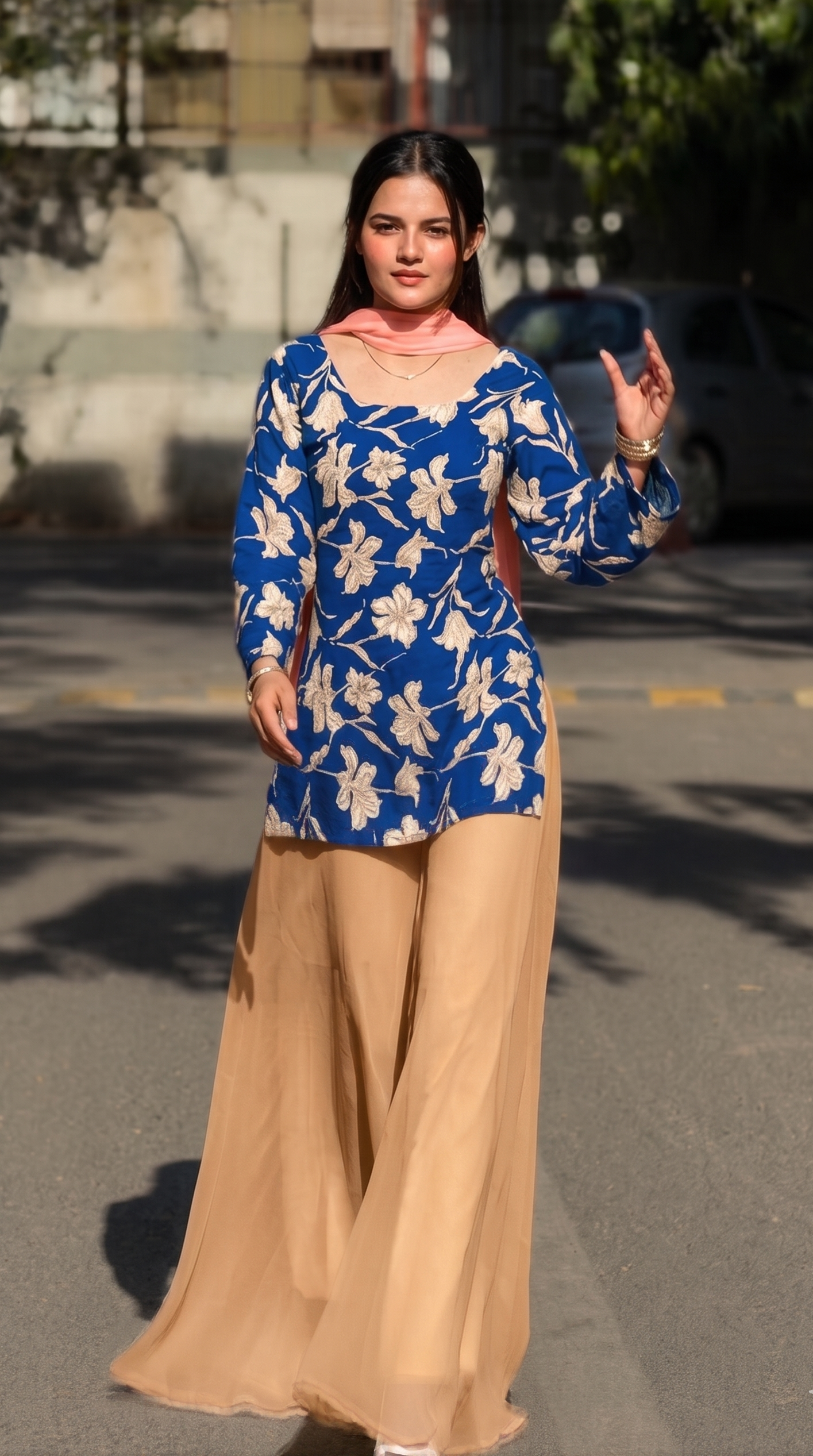 Elegant Floral Tunic with Beige Flared Palazzo