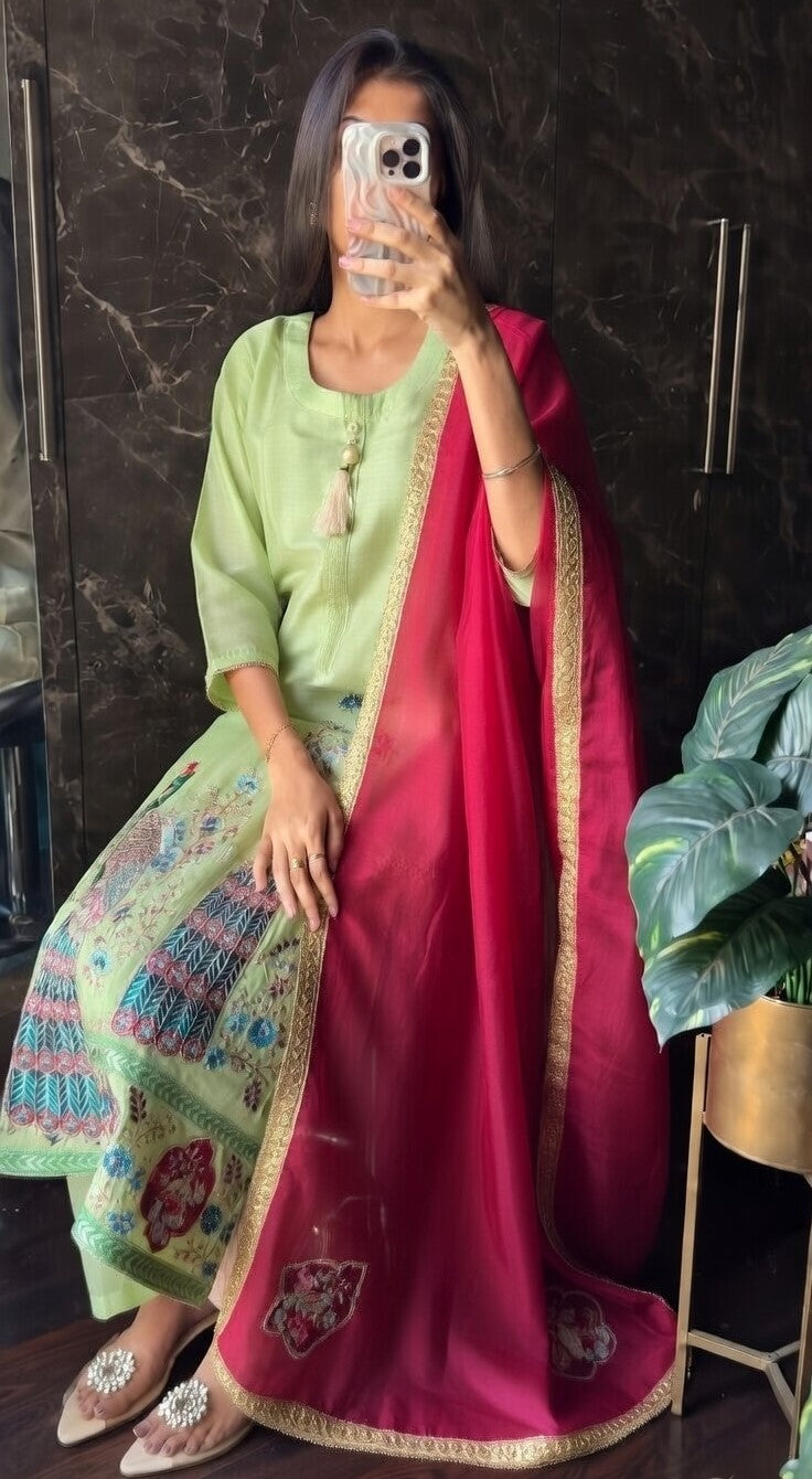 Ivory & Turquoise Peacock Embroidered Suit Set