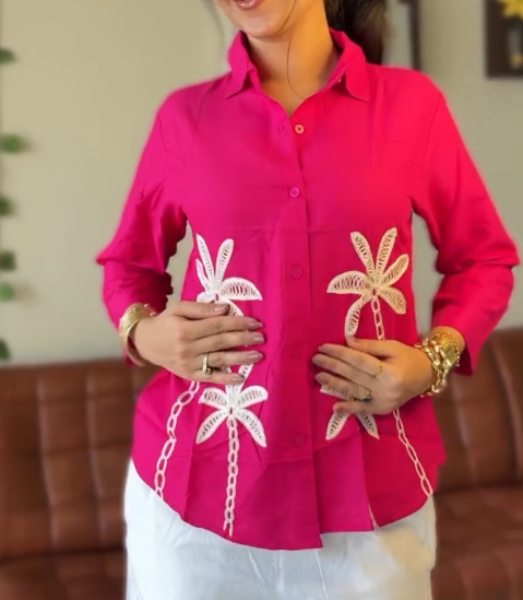 Hot Pink Tropical Palm Embroidered Cotton Shirt