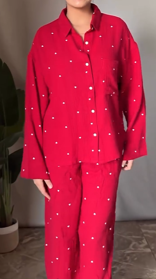 Candy Stripe Heart & Star Print Cotton Nightsuit Set