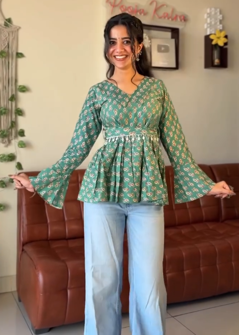 Sage Green Paisley Peplum Tunic with Shell Detailing