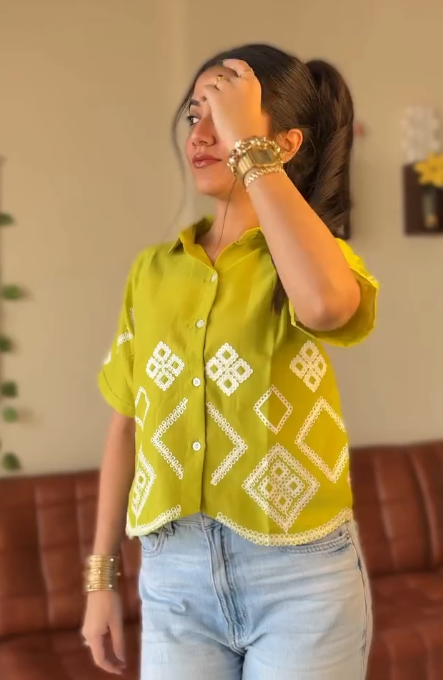 Hot Pink Tropical Palm Embroidered Cotton Shirt